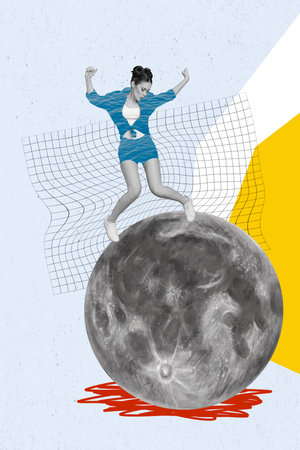 Vertical collage picture of mini black white colors girl gave fun dancing huge full moon isolated on drawing backgroundの写真素材