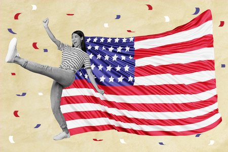 Creative photo picture collage of funny usa citizen girl marching holiday fourth July patriotic parade striped us flag backgroundの写真素材