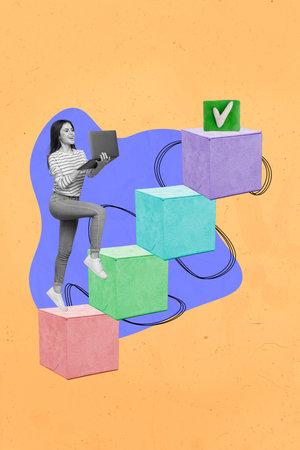 Vertical illustration collage metaphor of young business lady climb upstairs reach self improvement...