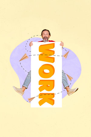Vertical creative composite collage of pensioner successful businessman hold paper placard workaholic isolated on yellow color backgroundの写真素材