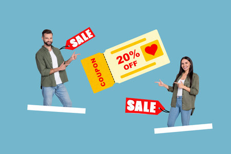 Poster 3d collage banner billboard of two funny people showing gesture recommend coupon 20 off...