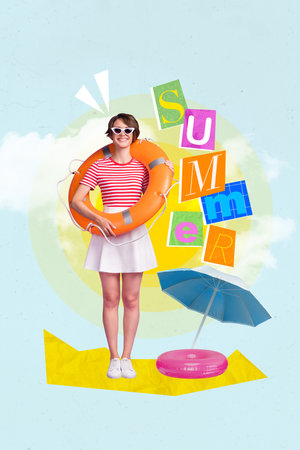 Creative picture artwork collage image poster of positive charming lady enjoy summer vacation hold...