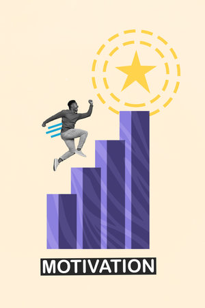 Poster magazine picture collage image of excited happy guy running finish forward dream award isolated on white color drawing backgroundの写真素材