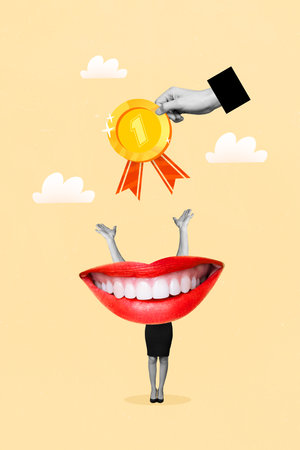 Sketch collage 3d image of weird unusual personage rejoice result win challenge golden prize first place isolated on painted backgroundの写真素材