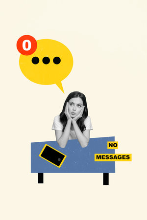 Image artwork picture sketch poster collage of bored cute girl sitting table waiting sms answer comment isolated on white color backgroundの写真素材