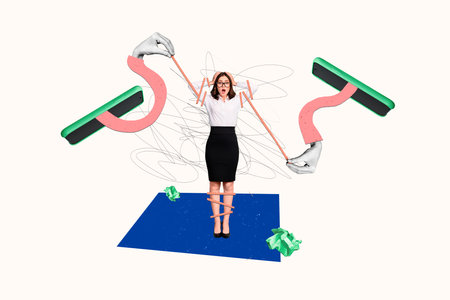 Creative collage of impressed girl tied big smart phone display arms isolated on painted white backgroundの写真素材