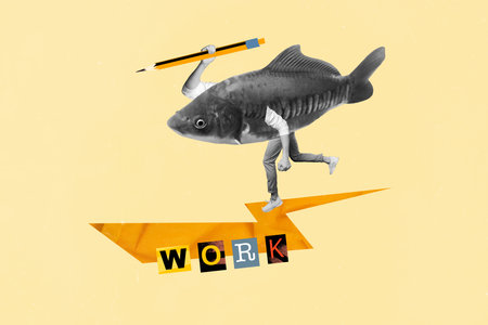 Creative magazine collage image of freak strange guy wear fresh fish costume going work isolated beige colro backgroundの写真素材