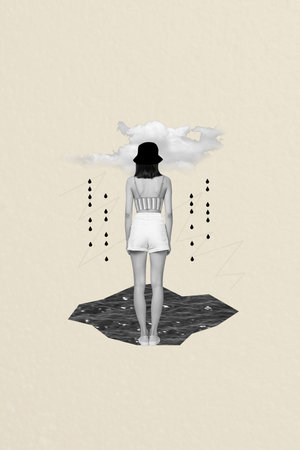 Creative poster collage of young female back view depression sky clouds bad weather ocean sea water waves overworked deadline overloadedの写真素材