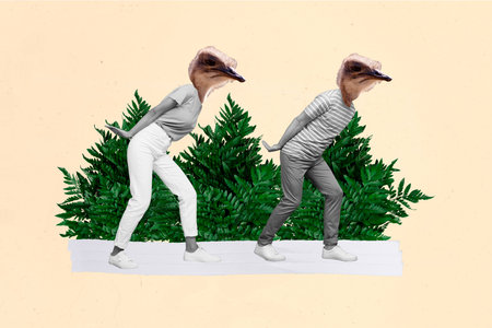 Creative composite abstract concept photo collage of weird strange headless people ostrich instead...