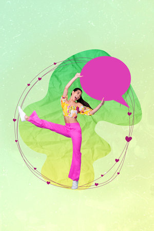 Vertical artwork poster picture collage photo of positive happy lady have fun celebrate hold empty space isolated drawing backgroundの写真素材