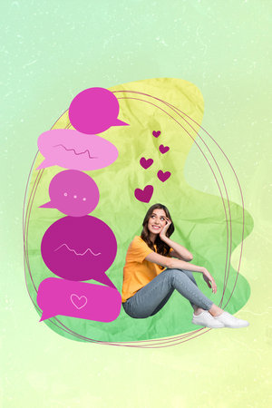 Poster illustration picture sketch collage of dreamy girl sitting looking up reading social media sms isolated drawing backgroundの写真素材