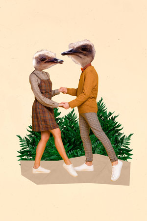 Composite collage illustration of two headless zoo lovers have fun dance young couple romantic birds together isolated on beige backgroundの写真素材