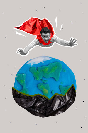 Vertical banner collage of superhero fast flying hurry up save planet pollution oil resources microplastics isolated on grey backgroundの写真素材
