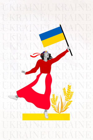 Vertical collage picture of excited girl arm hold ukraine flag wear national traditional clothes isolated on creative backgroundの写真素材