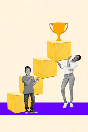 Collage woman school teacher hold upstairs pupil student schoolboy demonstrate his prize best grades...