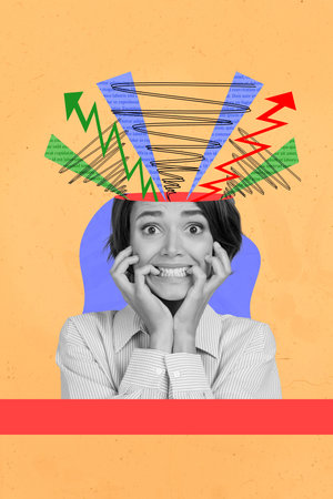Nervous girl workaholic panic biting nails collage illustration of tired woman overthinking brain loaded isolated on yellow backgroundの写真素材