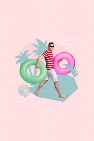 Vertical artwork creative collage pinup pop image of positive cheerful man going sea relax rest...