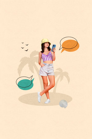Vertical collage 3d sketch image poster of charming girl wear panama writing typing sms booking tickets isolated painting backgroundの写真素材