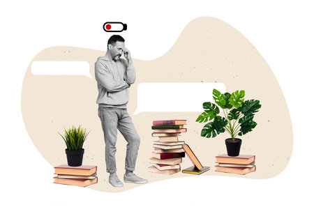 Picture artwork collage sketch of worried minded disappointed retired man thinking how read many books isolated on drawing backgroundの写真素材