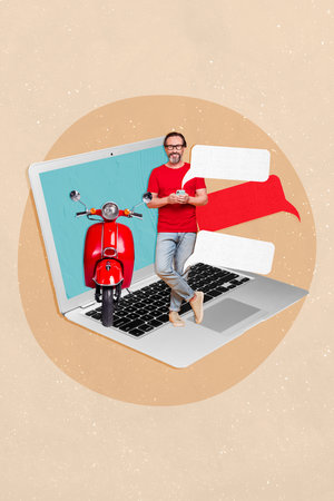 Artwork collage sketch 3d pop retro miniature template of middle aged retired man stand netbook use telephone writing sms sending emailの写真素材