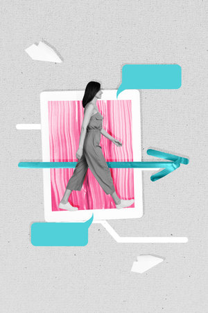 Magazine template collage of young woman walking steps arrow direction speaking dialogue phrases promo isolated on grey color backgroundの写真素材