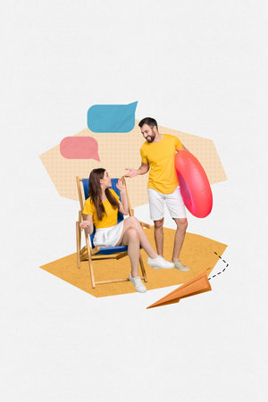 Poster creative sketch picture image collage of two people enjoy resort relax rest discuss hotel service isolated drawing backgroundの写真素材