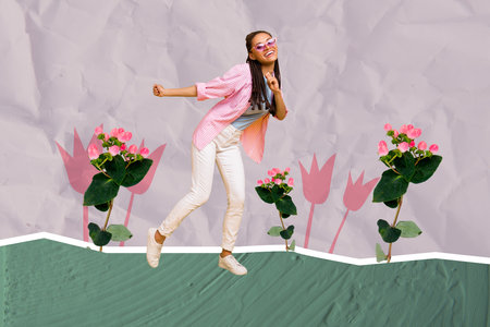 Illustration sketch collage of young woman wear sunglass have fun good mood outdoors park growing...