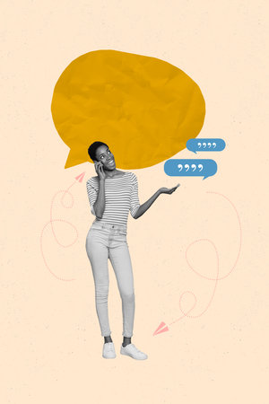 Collage illustration of young girl speaking conversation with partners bubble cloud speech phone call dialogue isolated on beige backgroundの写真素材