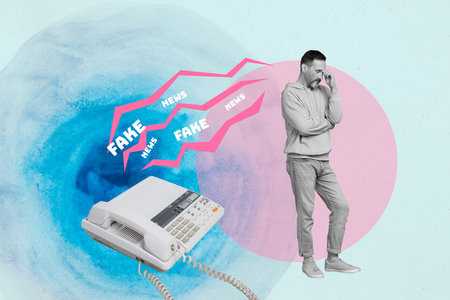 Composite collage of frustrated annoyed middle aged man depression hate russian propaganda telecommunication isolated on blue backgroundの写真素材