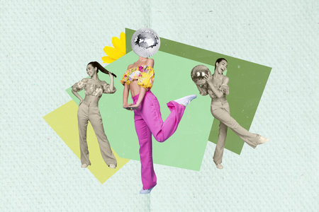Artwork magazine collage picture of funky lady disco ball instead head having fun isolated drawing backgroundの写真素材
