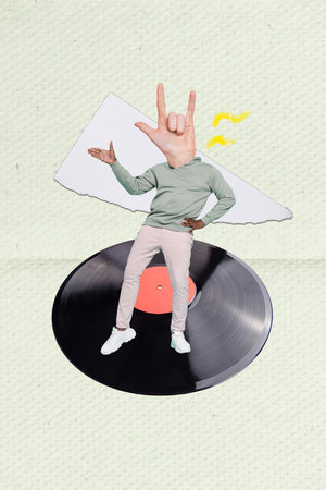 Vertical composite creative photo collage of headless man hand show horns sign enjoy vintage sound isolated paper drawing backgroundの写真素材