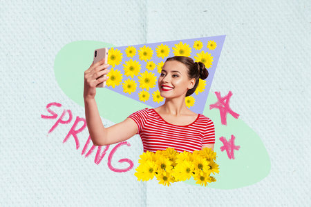 Abstract composite creative photo collage of positive beautiful young girl doing selfie on smartphone isolated white paper backgroundの写真素材