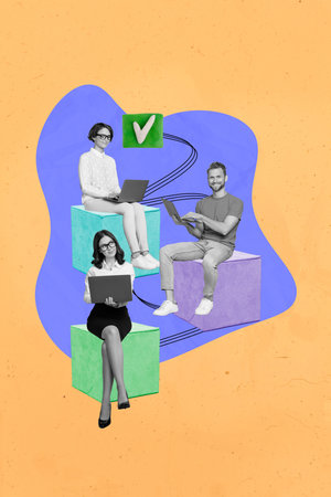 Vertical design collage picture of three people coworkers together working remote with netbooks...