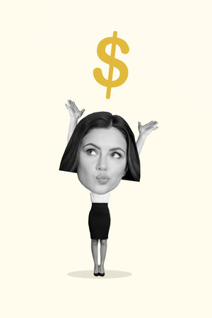 Creative template graphics collage image of big head funky lady catching falling dollars isolated...