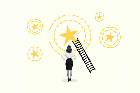 Poster sketch minimalistic collage of successful girl achived positive results nice feedback high rate isolated on white color backgroundの写真素材