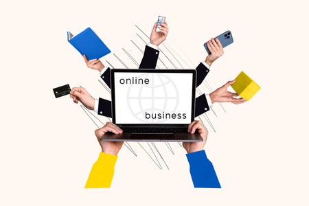 Vertical artwork collage picture of people arms hold netbook smart phone notebook cash money debit card online businessの写真素材