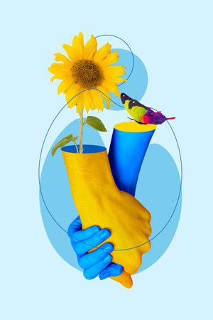 Poster creative banner collage of two people in ukrainian flag colors stay with ukraine togetherの写真素材