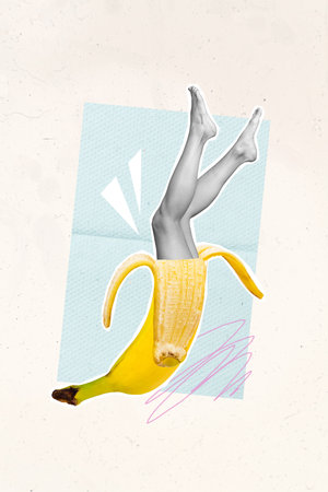 Creative strange collage template of female feet from banana peel beauty skincare concept nutrition with antioxidantsの写真素材