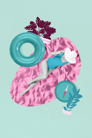 Vertical collage picture of black white gamma pretty girl sunhat inflatable ring compass plant leaves isolated on turquoise backgroundの写真素材