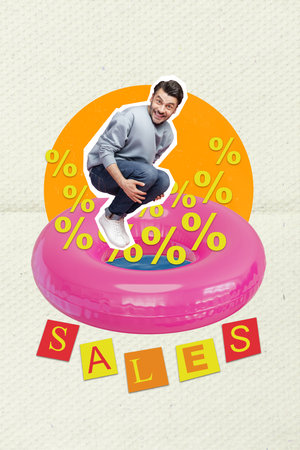 Creative abstract template graphics collage image of funky guy jumping inside inflatable circle isolated pastel color backgroundの写真素材