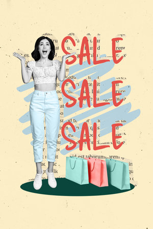 Vertical collage image of black white effect overjoyed girl shopping bags sale proposition isolated on beige backgroundの写真素材