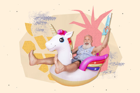 Creative composite collage photo of positive happy elderly pensioner sit on inflatable unicorn hold water gun isolated drawing backgroundの写真素材