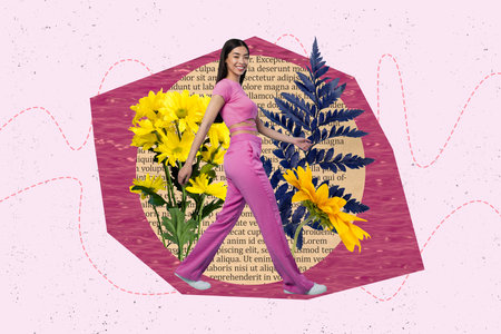 Creative composite illustration collage photo of satisfied good mood young beautiful woman walking painted flowers letters on backgroundの写真素材