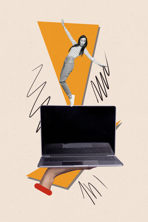 Vertical collage picture of amazed mini black white colors girl stand balancing big netbook arm palm hold isolated on painted backgroundの写真素材