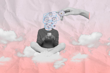 Photo collage artwork of flowers head lady chatting  isolated creative backgroundの写真素材