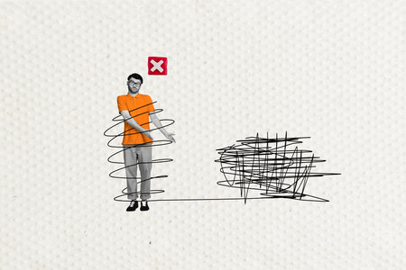 Collage artwork graphics picture of doubtful unsure guy having mental psychology problems isolated painting backgroundの写真素材