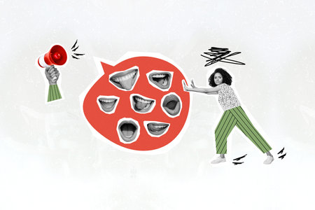 Magazine picture sketch collage image of stressed depressed lady denying listening annoying ad isolated creative backgroundの写真素材