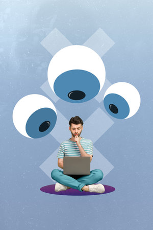 Vertical 3d creative artwork collage of young serious programmer cant understand where his data...
