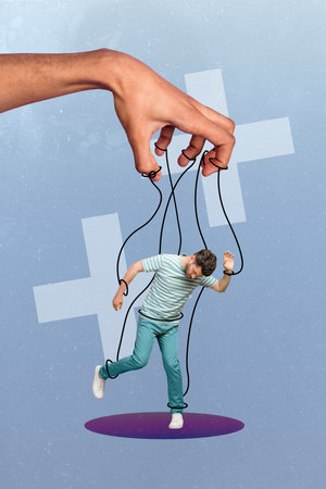 Collage depressed young guy victim unhappy manipulation slavery hanging on strings dissatisfied zombie isolated on blue color backgroundの写真素材