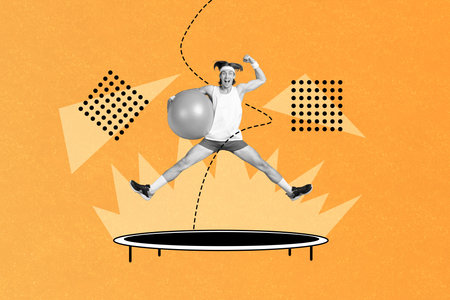 Artwork collage image of cheerful black white colors guy jumping trampoline arm hold fitness ball isolated on orange backgroundの写真素材